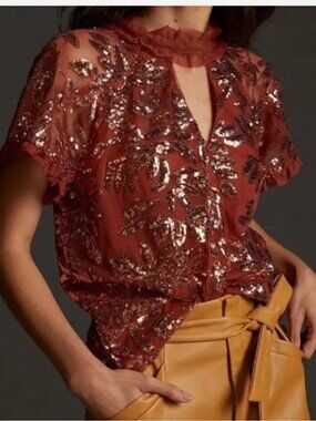 Anthropologie Burnt Orange Floral Sequin Cut Out Blouse Top Women's M Party Glam